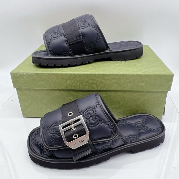 GUCCI Mens GG LOGO Quilted Buckle Black Slides Sandals 776792 Mens UK 9 US 9.5 - Picture 4 of 14